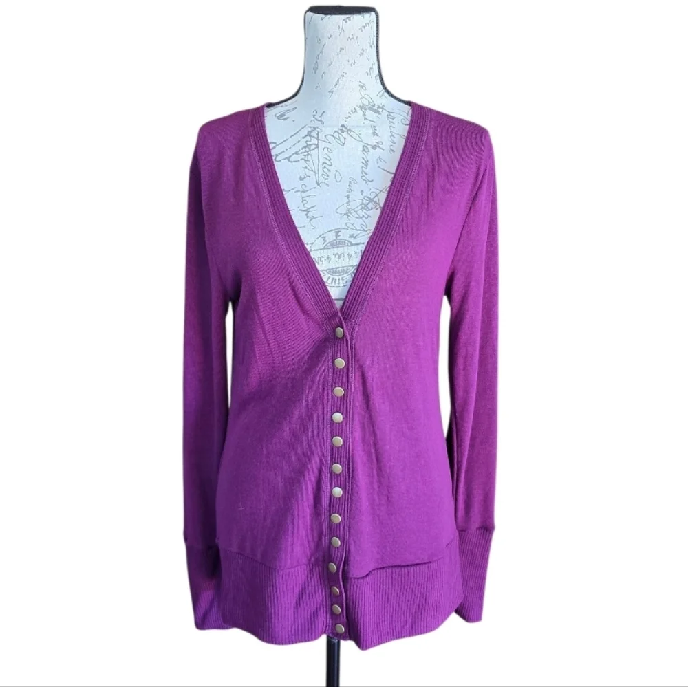 Zenana Dark Plum Snap Button Long Sleeve Cardigan Sweater L - Picture 2 of 11